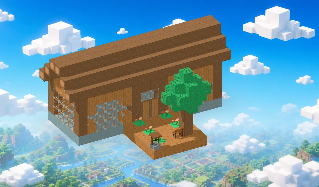A large voxel homestead with a wooden house, garden, tree and well floating above a bright block-built landscape
