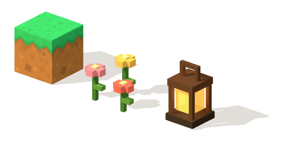 A 3D grass block, flower patch and glowing lantern