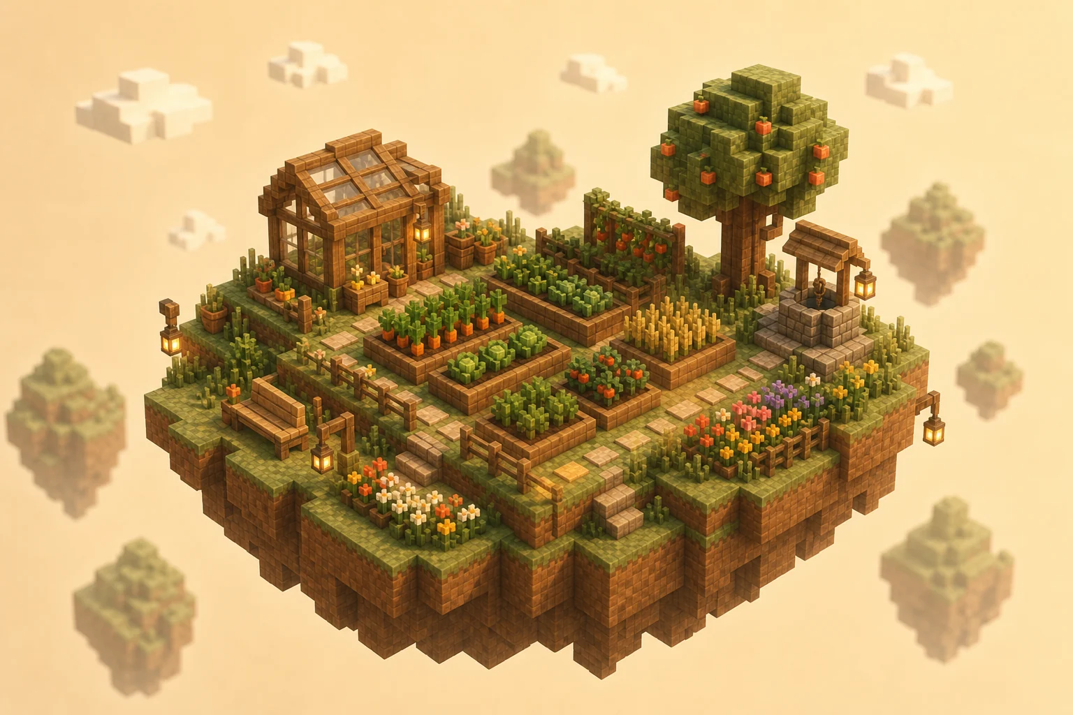 Concept art of a floating voxel garden with greenhouse, orchard and flower beds