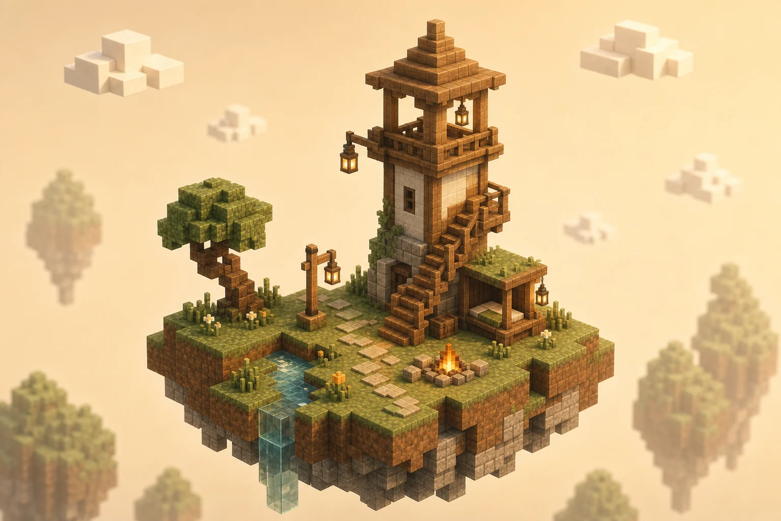 Concept art of a floating voxel lookout with lanterns, campfire and waterfall
